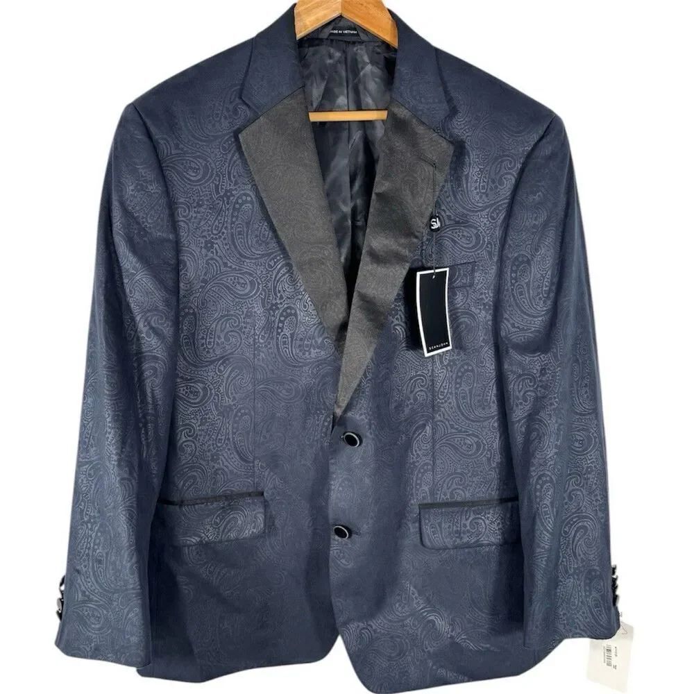 Sean John Sz 44 Tuxedo Blazer Jacket Festive Modern Black Navy Paisley Button